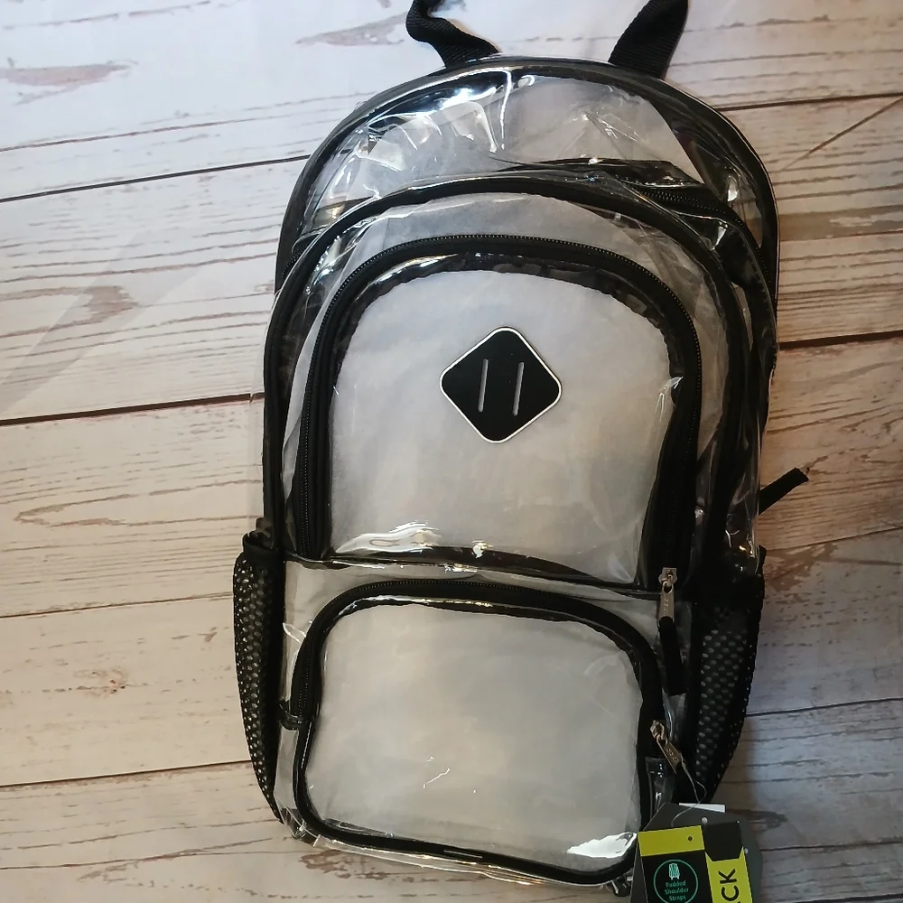 Clear Backpack With Black Trim 17 By 10 By 5 1/2 Inches